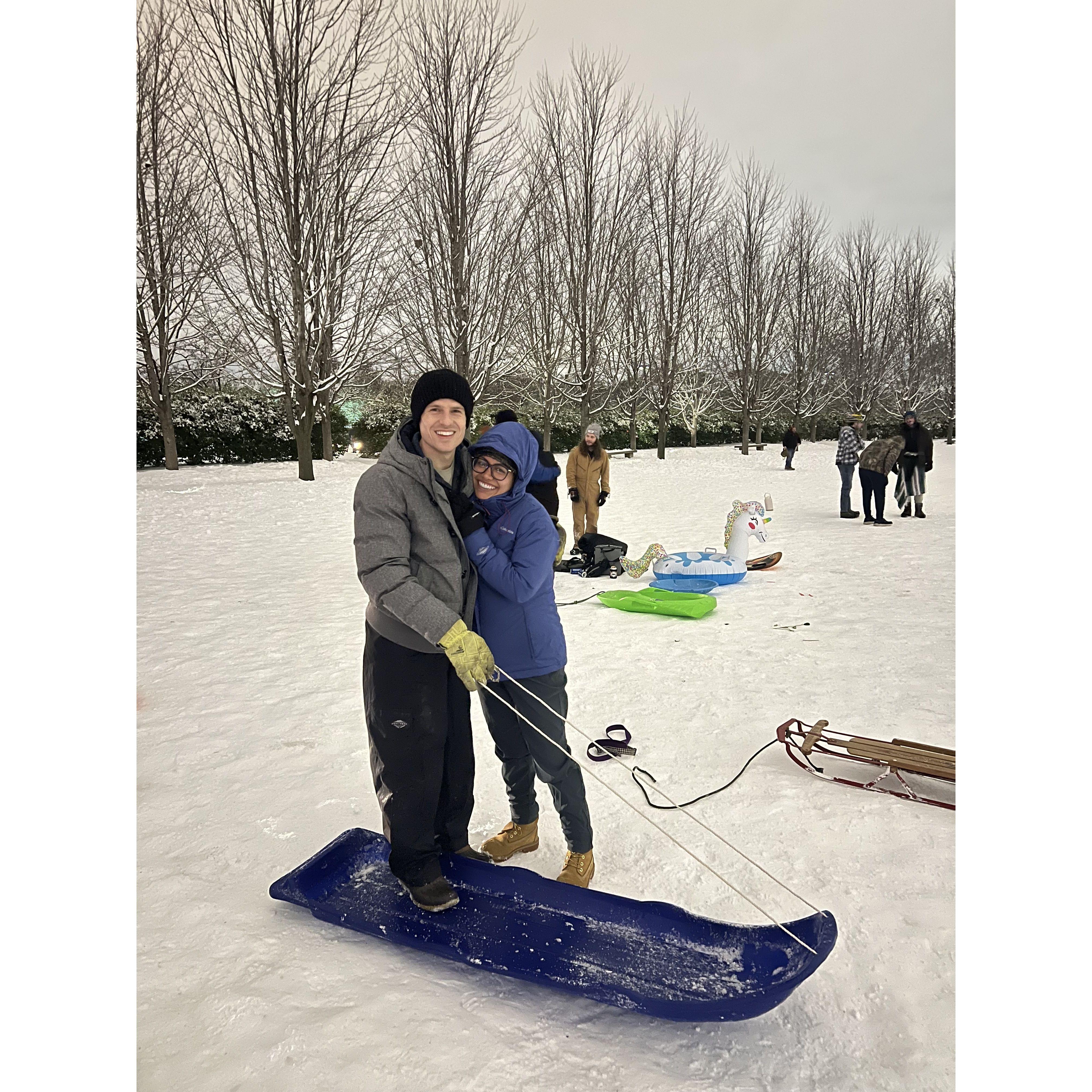 Erika's first time sledding - we went to art hill in Forest Park