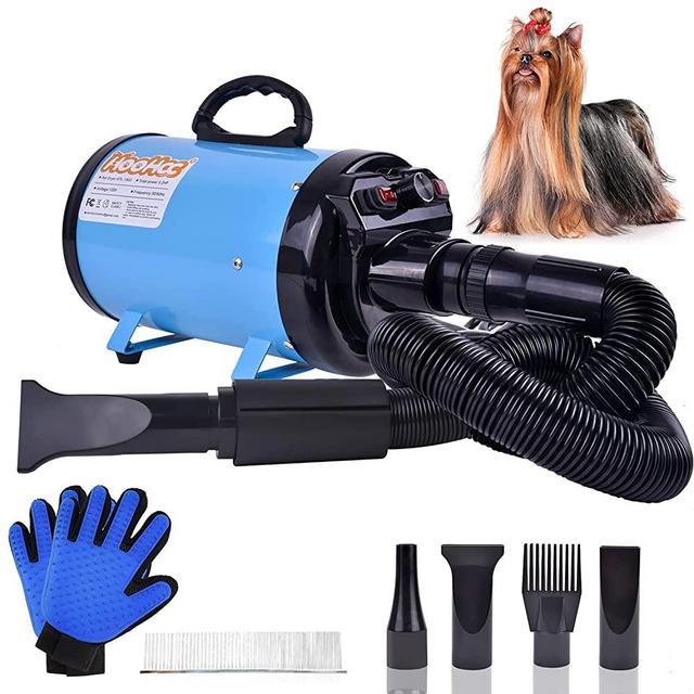 Dog Dryer, High Velocity Dog Hair Dryer, Dog Blow Dryer - 3.2HP Pet Blower Grooming Force Dryer with Heater, Stepless Adjustable Speed, 4 Different Nozzles, Comb & Pet Grooming Glove