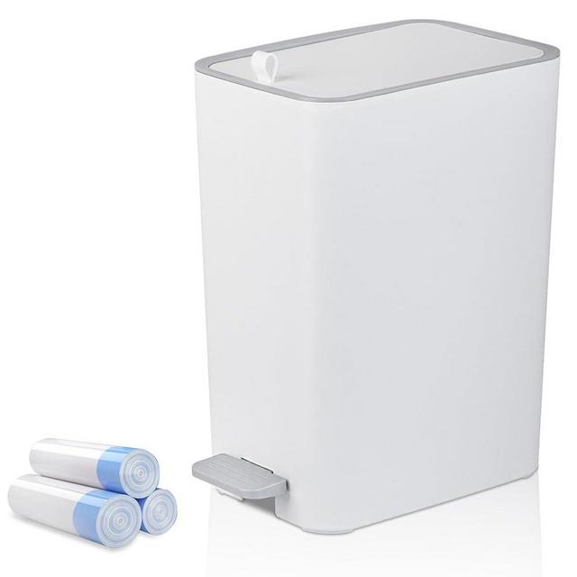 rejomiik Small Bathroom Trash Can with Lid, 2.1 Gallon Step Garbage Can with Handle, Slim Mini Wastebasket Bin for Bedroom, Office, Dorm, White