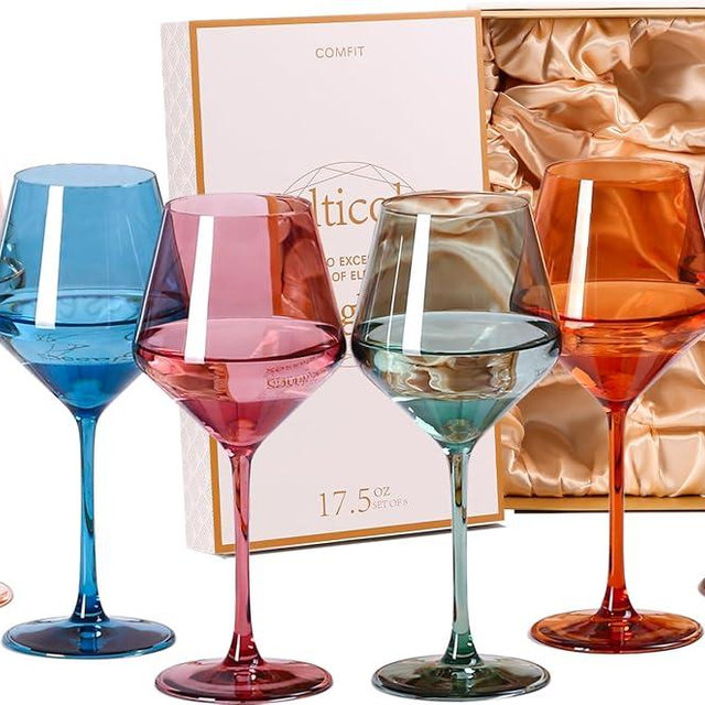 comfit Colored Wine Glasses Set Of 6-17.5oz Hand Blown Crystal Colorful Wine Glasses With Long Stem and Thin Rim,Muticolor Wine Glass Wedding,Christmas gift set for wine lovers Red White Wine Dinner