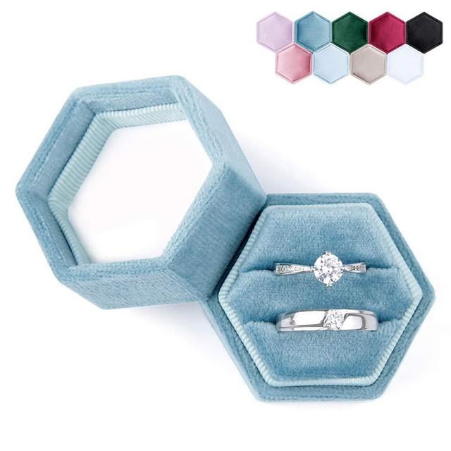 DesignSter Hexagon Velvet Ring Bearer Box - Premium Gorgeous Vintage Double Ring Display Holder with Detachable Lid for Proposal, Engagement, Wedding, Ceremony (Dark Blue)