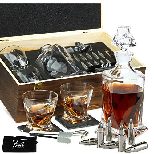 Whiskey Decanter Gift Set for Men - Whiskey Decanter, 2 Twist Whiskey Glasses, 10 Stainless Steel Whisky Bullets, 2 Slate Coasters, Silicone-Tipped Tongs & Freezer Pouch in Pinewood Box