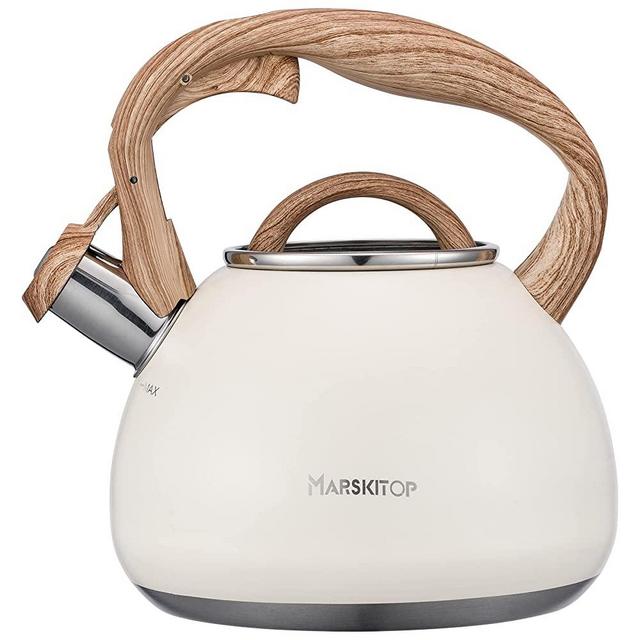 Tea Pot Stovetop Classic Wooden Handle Whistling Water Kettle Teapot Stainless Steel Tea Kettle for Stove Top with Thin Fast Heating Base, 2.1 Quart