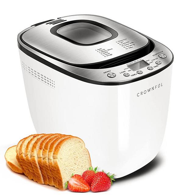 CROWNFUL Automatic Bread Machine, 2LB Programmable Bread Maker with Nonstick Pan and 12 Presets, 1 Hour Keep Warm Set , 2 Loaf Sizes, 3 Crust Colors, Recipe Booklet Included, ETL Listed (White)