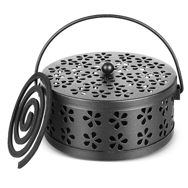 Whiidoom Portable Iron Mosquito Coil Holder with Handle Round Heat-Resistant Incense Holder (Black)