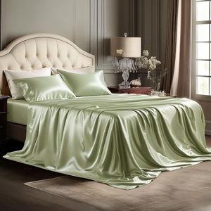 Bedsure Satin Sheets King Size - 4 Piece Silky Bedsheets with Elastic Corner Straps and 15 Inches Deep Pocket Fitted Bedsheet,1 Flat Sheet, 2 Satin Pillowcases, Good for Hair &Skin (King, Light Green)