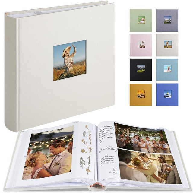 1DOT2 Photo Album with Writing Space 50 Pages 4x6 Photos Hold 200 or 5x7 Pictures Hold 100, Linen Cover Small Photo Book Albums with Memo for Anniversary Wedding Baby (Beige)