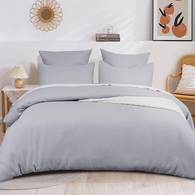 PHF Waffle Weave Duvet Cover Set California King Size, 3PCS Washed Boho Microfiber Comforter Cover Set, Ultra Soft Comfy Duvet Cover with Pillow Shams Bedding Collection, 104"x98",Light Grey