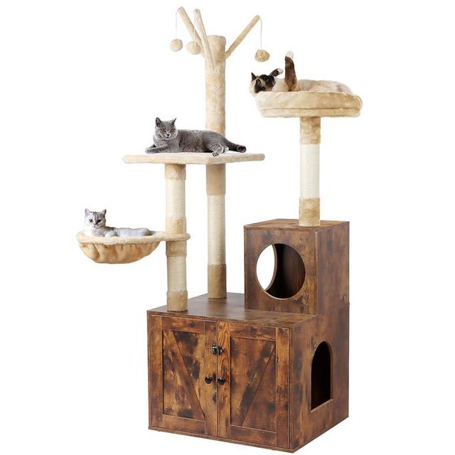 Timberer Litter Box Enclosure with Cat Tree, 2-in-1 Hidden Litter Box Furniture with Scratching Post, Modern Cat Condo, Rustic Brown