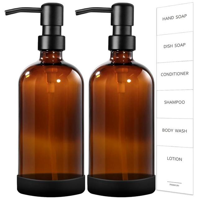 GMISUN Amber Glass Soap Dispenser with Silicone Sleeve, 2 Pack Bathroom Hand Soap Dispenser with Stainless Steel Pump, 16Oz Kitchen Hand and Dish Soap Dispenser Set, Liquid Soap Dispensers Bottle