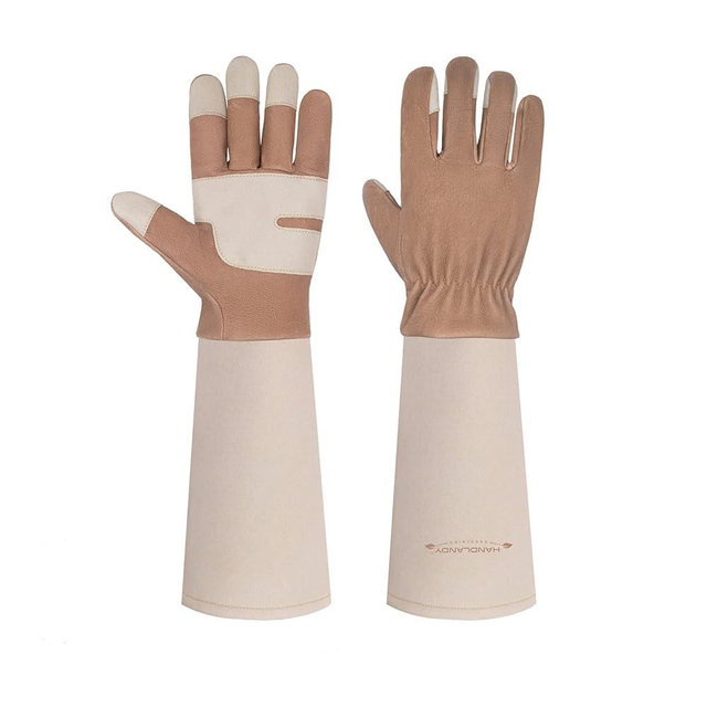 HANDLANDY Long Gardening Gloves for Men & Women, Thorn Proof Rose Pruning Gloves Leather Gauntlets Garden Gloves Yard Work Gloves (Medium, Brown)
