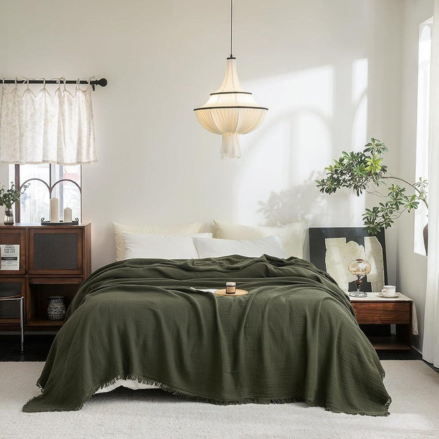 FOSSA Muslin Blanket with Fringe - 4-Layer 100% Cotton Gauze Super Soft & Breathable Throw -Lightweight Decorative Cooling Blanket for Bed, Sofa, Office -Super King Size 108" × 98" (Olive Green)