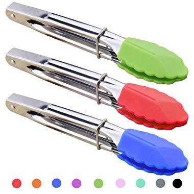 HINMAY Mini Tongs with Silicone Tips 7-Inch Serving Tongs, Set of 3 (Green Red Blue)
