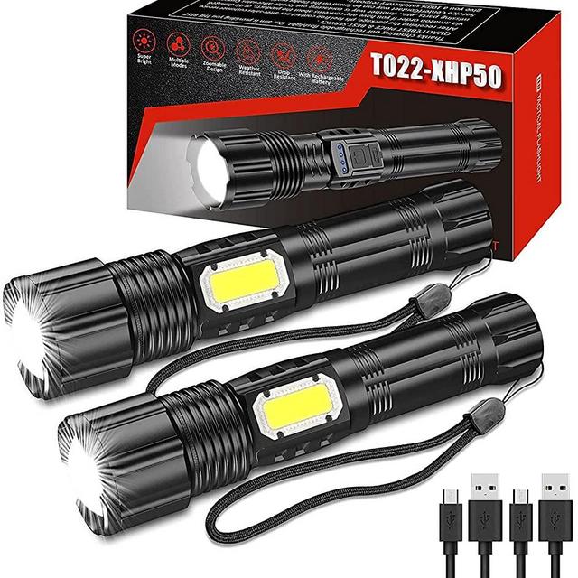 Rechargeable Led Flashlight High Lumens, 3000 High Lumen Tactical Flashlights, COB Work Light with Power Display, Zoomable, Waterproof, 5 Light Modes for Camping Hiking 2 Pack
