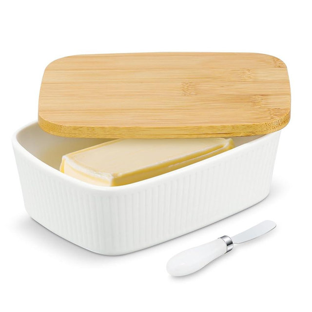 Butter Dish with Lid, Large Butter Keeper for Countertop or Fridge, Ceramic Butter Container with Cover, Dishwasher Safe, Farmhouse Butter Holder Perfect for Kitchen Gifts