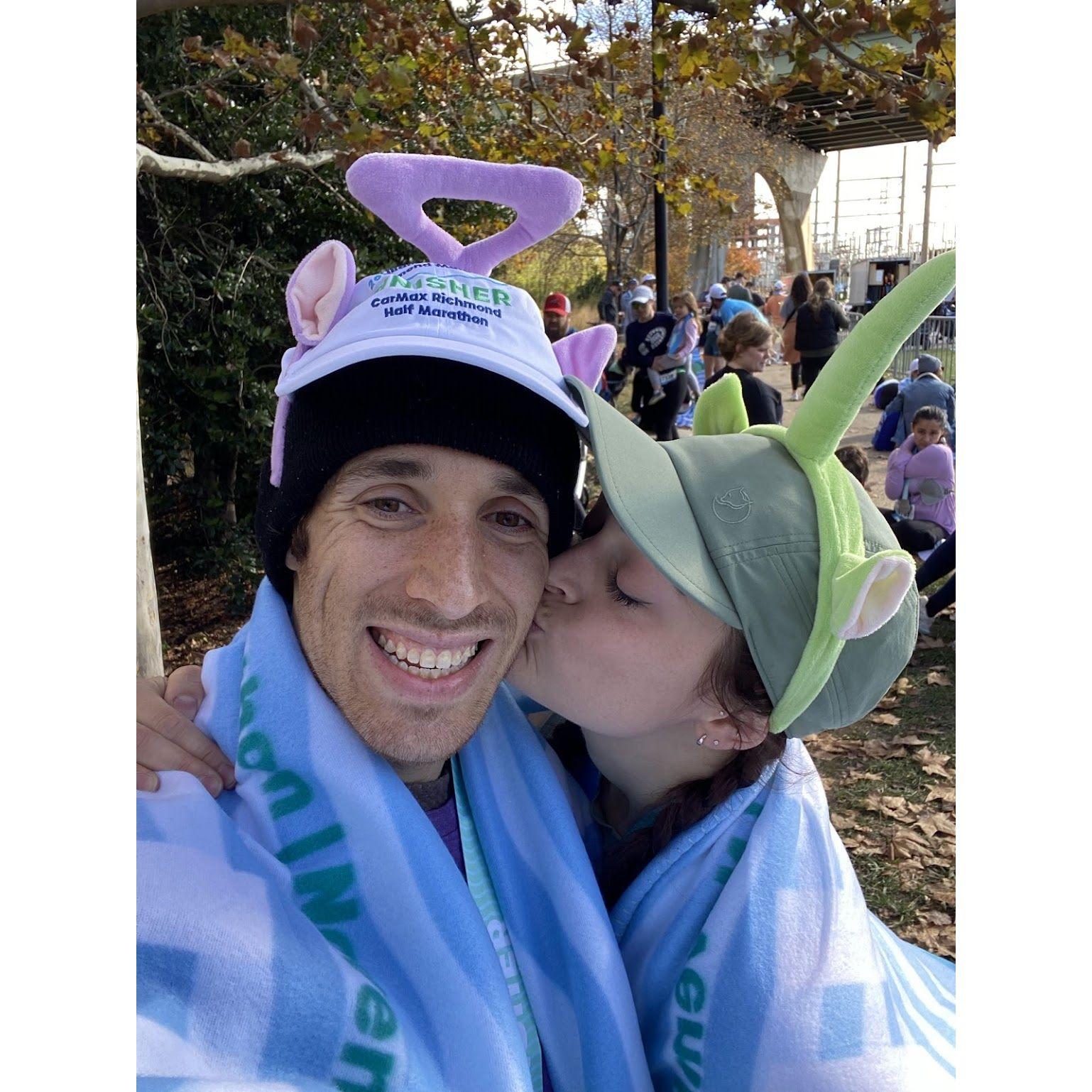 Our first half marathon together down in Richmond. We dressed up as teletubbies with our friends.