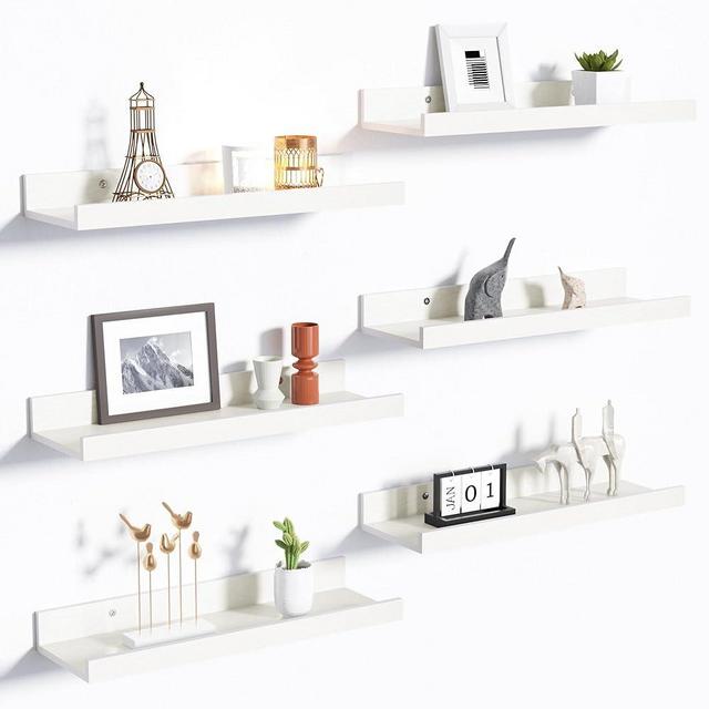 upsimples Floating Shelves for Wall, Wood Mounted Shelf Decor Storage Set of 6, for Bedroom, Living Room, Bathroom, Kitchen, Picture Ledge, White