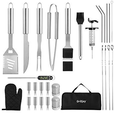 grilljoy 30PCS BBQ Grill Tools Set with Thermometer and Meat Injector. Extra Thick Stainless Steel Fork, Spatula& Tongs - Complete Grilling Accessories in Portable Bag - Perfect Grill Set Gift.