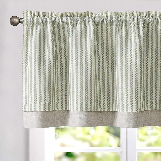 jinchan Linen Valance Curtain Striped Valance for Windows 16 Inch Light Filtering Kitchen Curtain Farmhouse Double Layer for Living Room Ticking Rod Pocket 1 Panel Sage Green on Linen