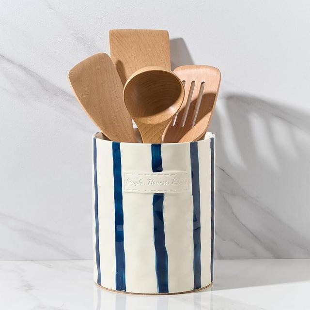 JIEMEI HOME Kitchen Utensil Holder, 7.2" Ceramic Stable Utensil Crock for Countertop, Modern Minimalism Style Cooking Tool Organizer with Cork Mat, Spatula Holder For Kitchen Decor, Blue stripes