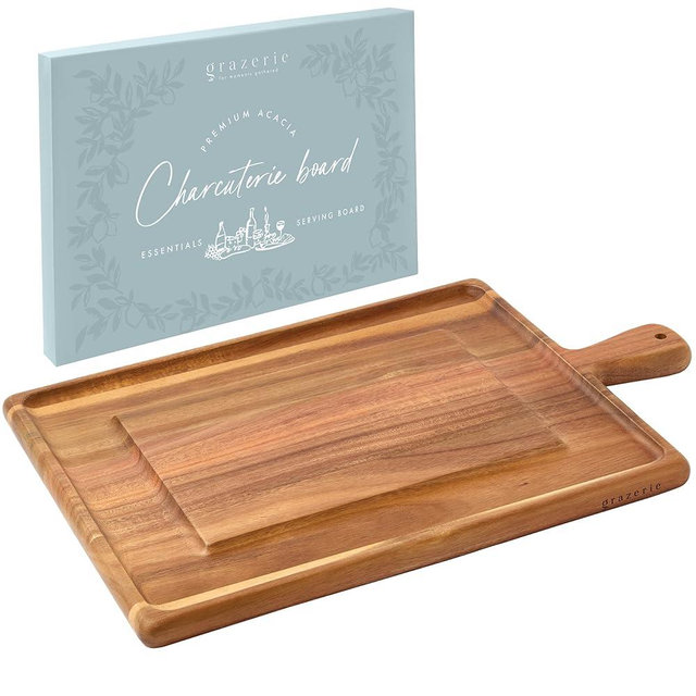 Grazerie Charcuterie Board - Acacia Wood Cutting Board for Kitchen with Groove & Handle, Cheese Board for Vegetables, Bread, Fruits, Meat - Decorative Wooden Serving Tray House Warming Gift