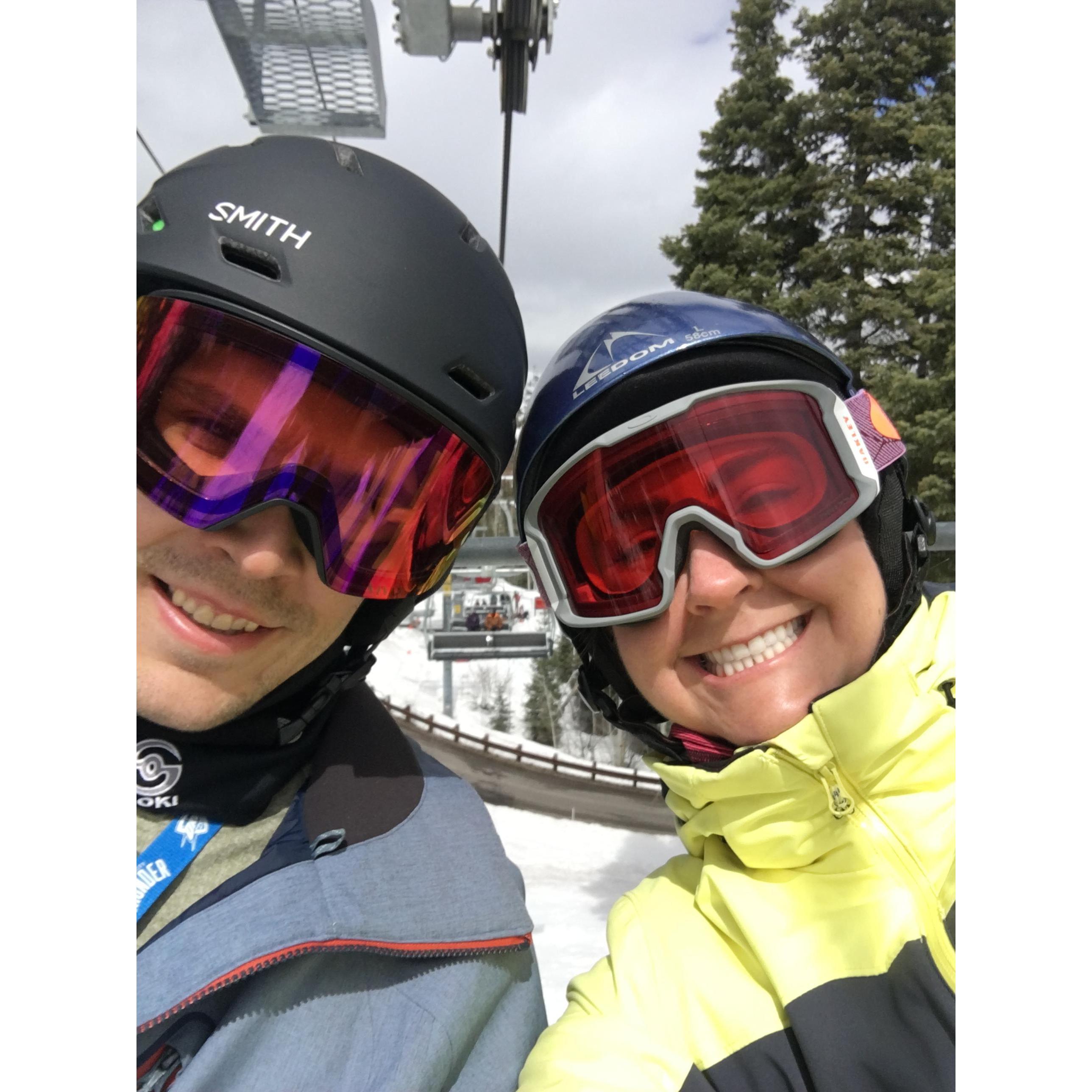 April 6, 2019: 2019 was the year the two became really good at spring skiing. Madison skied 10+ times and Joel skied 20+ times before the last weekend of the season which is when they took this photo!