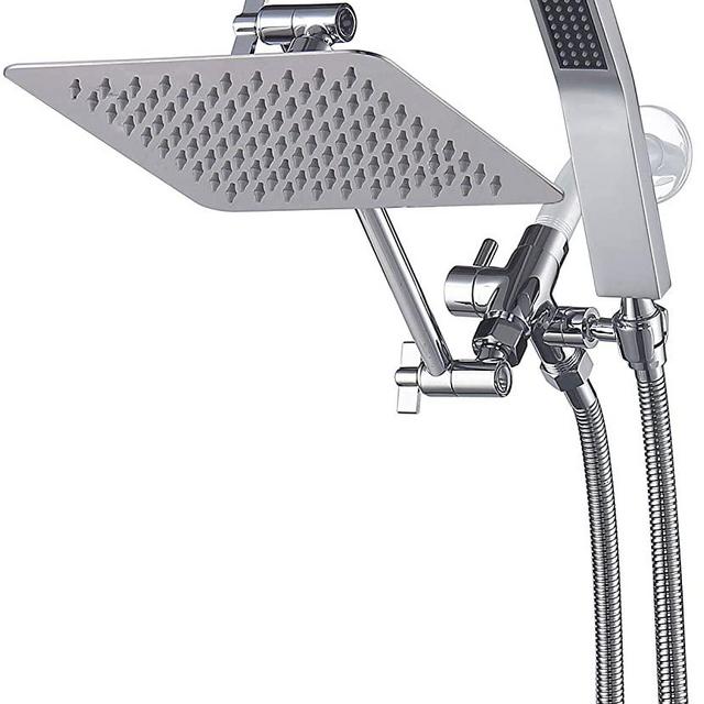 G-promise All Metal Dual Square Shower Head Combo | 8" Rain Shower Head | Handheld Shower Wand | Smooth 3-Way Diverter | with 11" Adjustable Extender - A Bathroom Upgrade (Polished Chrome)