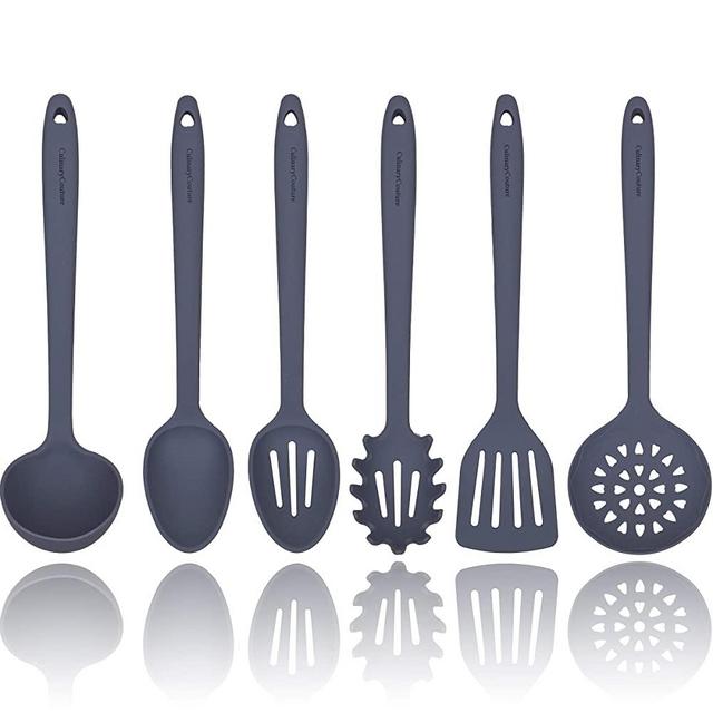 Grey Silicone Cooking Utensils Set – Sturdy Steel Inner Core – Spatula, Mixing & Slotted Spoon, Ladle, Pasta Server, Drainer – Heat Resistant Kitchen Tools - Bonus Recipe Ebook