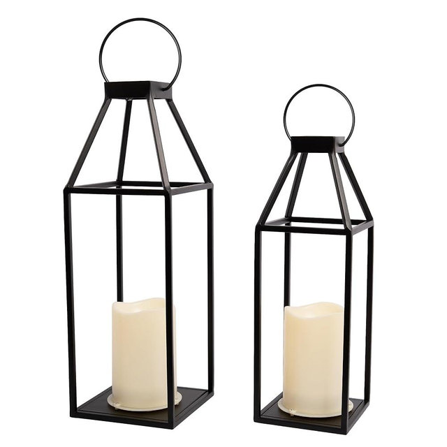 HPC Decor 2PCS Solar Lanterns for Outdoor Decor- 18in 15in Black Metal Candle Lanterns w/ Waterproof Solar Powered Candles- Modern Farmhouse Hanging Lanterns Decor for Front Porch,Yard Garden Patio
