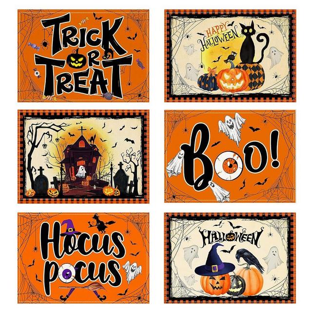 Halloween Placemats Set of 6,12x18 Inch Halloween Decorations Place Mats for Dining Table with Treat or Trick