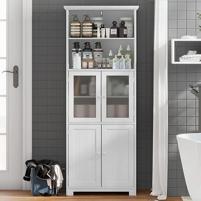 Tiptiper Tall Bathroom Storage Cabinet, Large Floor Cabinet with 2 Open Compartments and 2 Cabinets with Doors, 64” Height Freestanding Linen Tower Cabinet, for Home Kitchen, Living Room, White