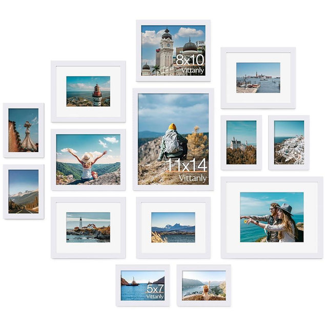 Vittanly 14 Pack Picture Frames Collage Wall Decor, Gallery Wall Frame Set with 2Pcs 11x14, 6Pcs 8x10 and 6Pcs 5x7 Photo Frames, Picture Frame Set for Wall Collage or Tabletop Display, White