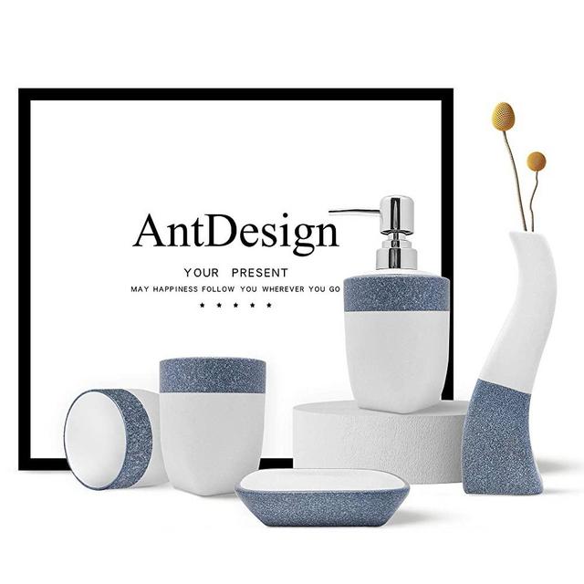AntDesign Blue Bathroom Accessories Set,Bath Essentials Including Hand Pump Soap Dispenser, Soap Dish,Vase, and Toothbrush Holders for Bathroom,5 PCS for Bathroom Décor