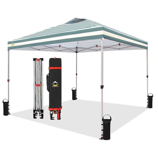 CROWN SHADES 10x10 Pop Up Canopy, Patented Center Lock One Push Tent Canopy, Newly Designed Storage Bag, 8 Stakes, 4 Ropes, Cyan Blue Stripes