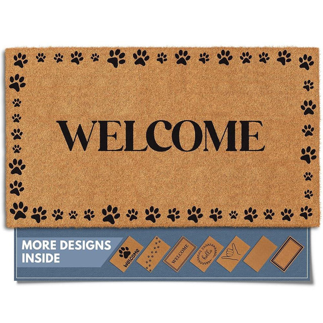 Barnyard Designs Natural Coco Coir Heavy Duty Backing Doormat - Large Cute Non-Slip Front Door Welcome Mat for Outside Entrance or Porch Entry, Brown (Welcome Paws / 17" x 30")