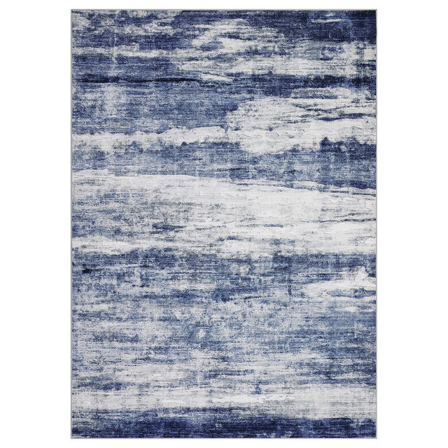 Abstract Area Rug 5x7 Machine Washable Indoor Rug Low Pile Carpet Soft Distressed Modern Farmhouse Throw Rug for Bedroom Home, Blue