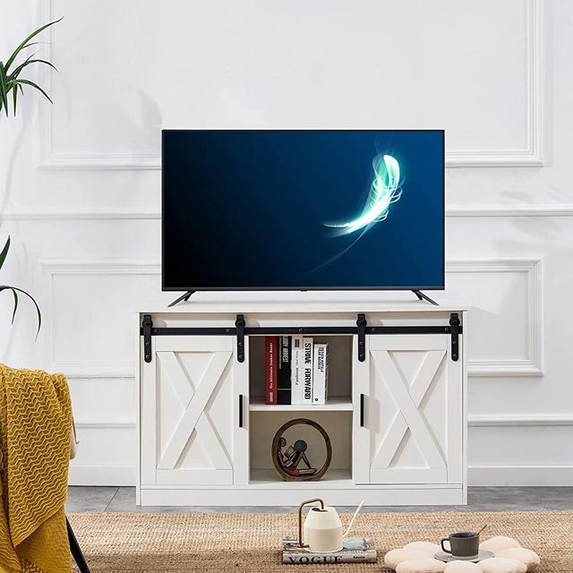 Meihua 47 Inch Farmhouse TV Stand Sliding Barn Door, Wood Entertainment Center for TV up to 65 Inch with Storage Cabinets, Mid Century Modern Console Table for Living Room Bedroom (White)