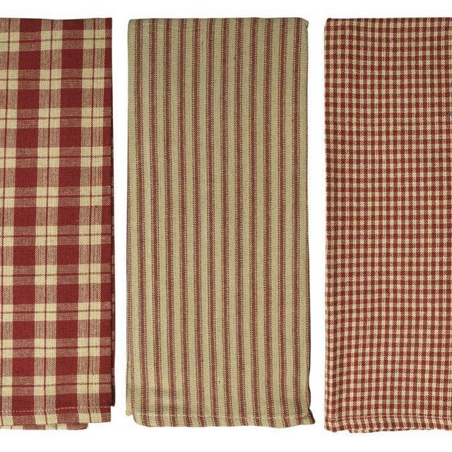 Farmhouse Kitchen Towels, Striped Buffalo Checked Plaid Dish Towels, 3 Kitchen Towels (Antique Burgundy Red & Natural Tan)