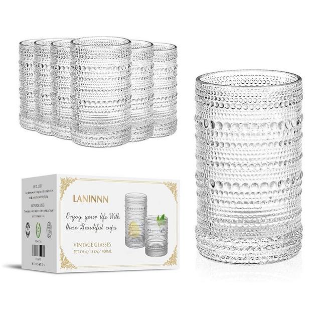 6 Pack 13 oz (400 ml) Glass Vintage Cups,Highball Drinking Glasses Cupss for Milk, Juice,Whiskey, Beer,Coffee and DIY Ice Drinks.