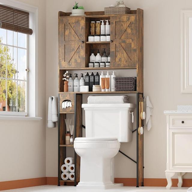 EasyCom Over The Toilet Storage Cabinet with Metal Frame and 7 Storage Shelves, Bathroom Organizer with Adjustable Shelves, Paper Holder and Racks, Farmhouse Toilet Cabinet for Laundry, Rustic Brown