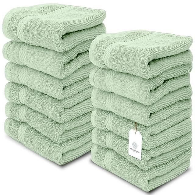 White Classic Luxury Washcloths for Bathroom-Hotel-Spa-Kitchen-Set - Circlet Egyptian Cotton - Highly Absorbent Hotel Quality Face Towels - Bulk Set of 12-13x13 Inch (Lt Green)