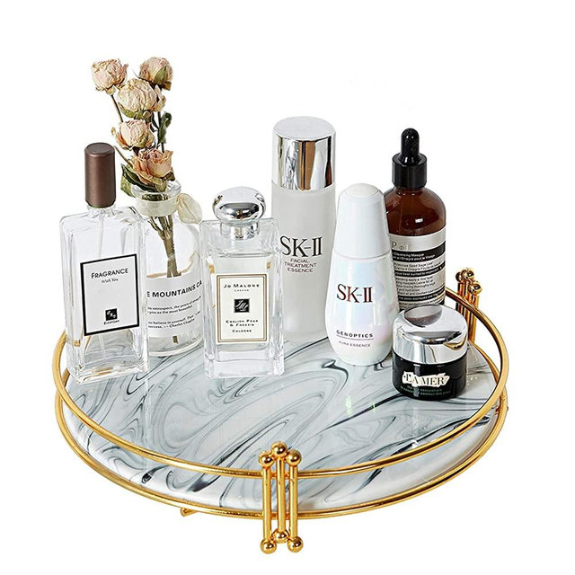 Small Round Decorative Tray with Gold Stand, 10.2’’ Marble Print Vanity Tray, Perfume Tray, Makeup Tray for Dresser, Bathroon Tray, Coffee Table Decor Tray, Candle Holder Tray