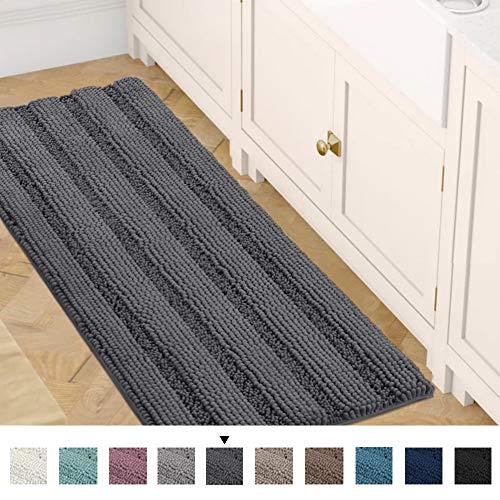 Bath Rug Runner 47" X 17" Large and Luxury Grey Striped Bath Mat Runner Ultra Soft Thick Non Slip Washable, Plush Shaggy Chenille Bathroom Rug Mat for Indoor Floor/Entry Way