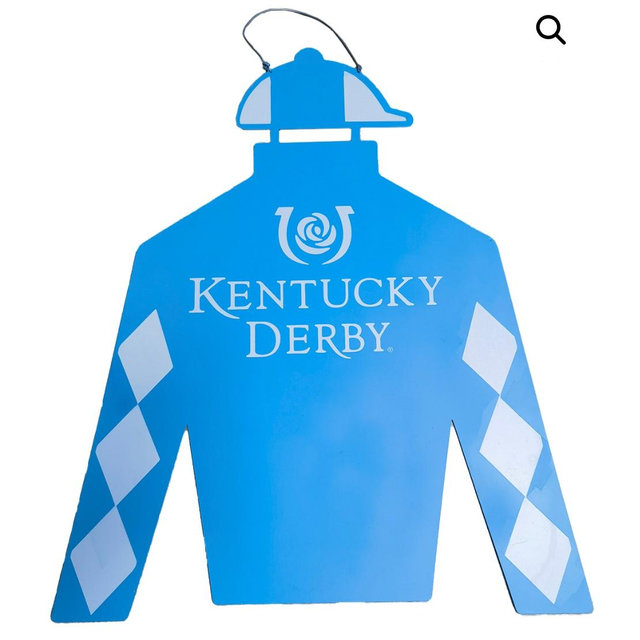 Jockey Silk Decorative Door Hanger with Kentucky Derby Iconic Logo in Caribbean Blue - Party Kits & Equestrian Gifts
