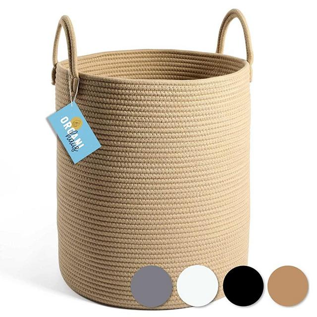 OrganiHaus XL Cotton Rope Woven Basket | 15" x 18" | Blanket Storage Basket for Living Room and Laundry | Decorative Clothes Hamper Basket | Large Baskets (Honey)
