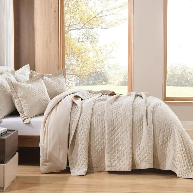 Grassix 100% Linen Front/100% Cotton Back Quilt Set King Size, Pre-Washed Lightweight Diamond Stitch Bedspread Coverlet Bedding Set for All Season, 3 Pieces, Nature Linen