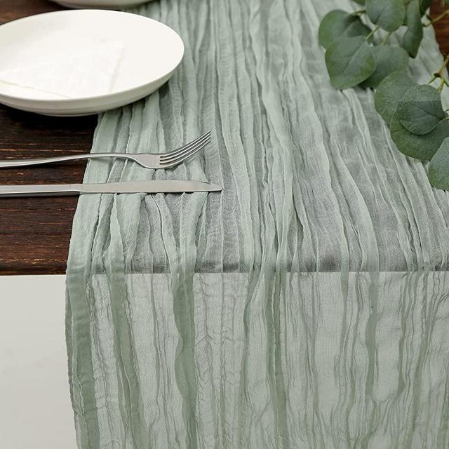 DOLOPL Sage Green Cheesecloth Table Runner 13.3ft Boho Gauze Cheese Cloth Table Runner Rustic Sheer Runner 160inch Long for Wedding Bridal Baby Shower Birthday Party Cake Table Decorations