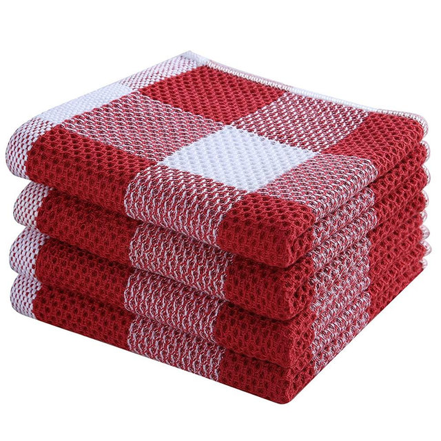 Homaxy 100% Cotton Waffle Weave Check Plaid Kitchen Towels, 13 x 28 Inches, Super Soft and Absorbent Dish Towels for Drying Dishes, 4-Pack, White & Red