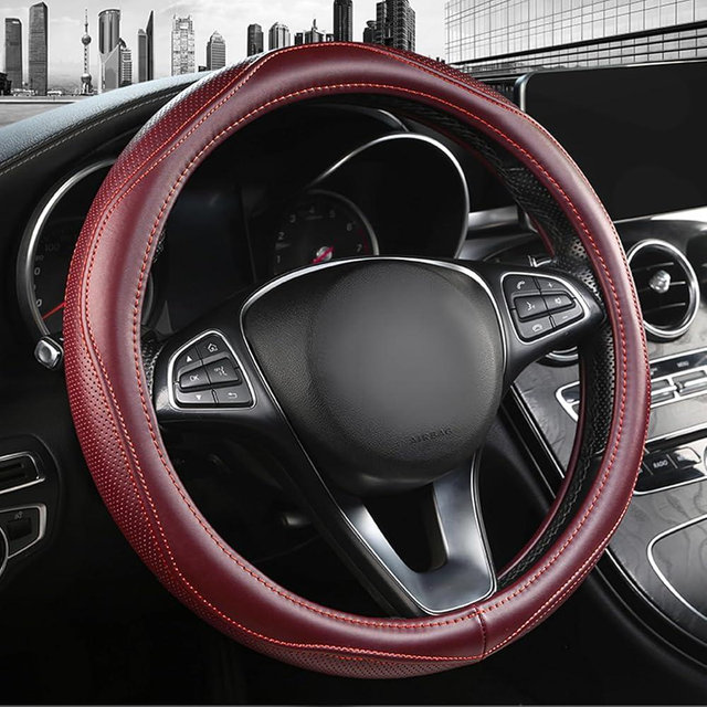 PJBTYZ High-Grade Wine Red Genuine Leather Steering Wheel Cover for Men Women，Real Cowhide Leather Steering Wheel Cover for Cars,Universal 14.5-15 inch Steering Wheels