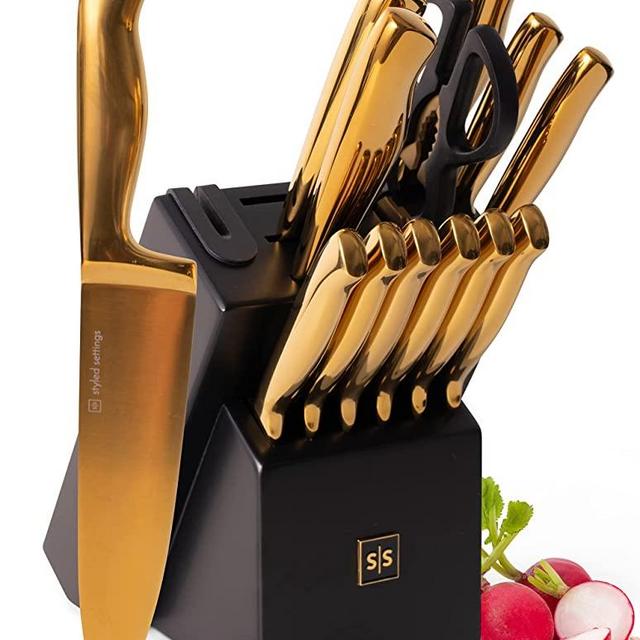 Black and Gold Knife Set with Block - 14 Piece Gold Knife Set with Sharpener Includes Full Tang Gold Knives and Self Sharpening Knife Block Set - Black and Gold Kitchen Accessories, Gold Kitchen Decor